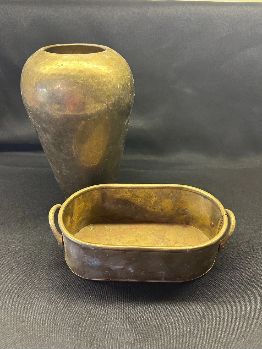 Hosley Brass Hammered Vase & Brass Oval Planter Set